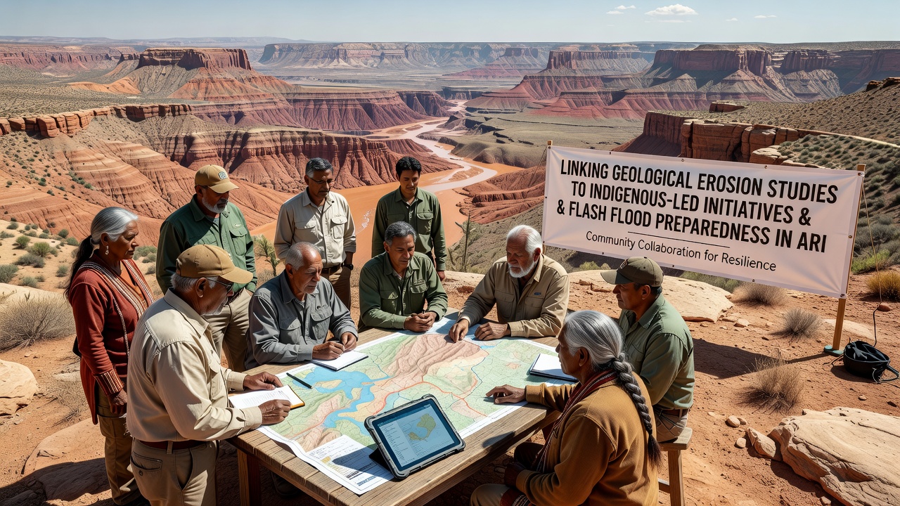 Indigenous community members and researchers examining canyon terrain during a field assessment for flood preparedness