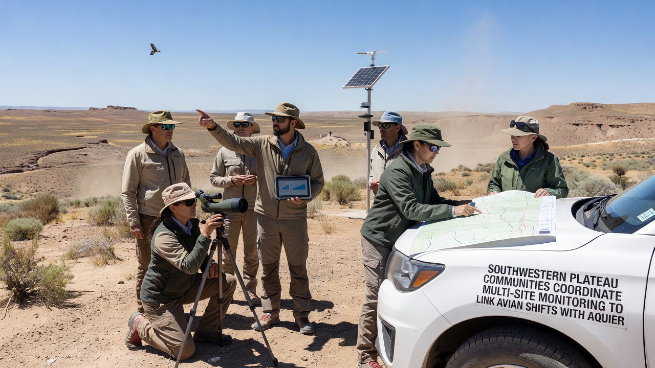 Field researchers installing sensors at a Southwestern Plateau monitoring station to track bird activity, groundwater levels, and trail conditions