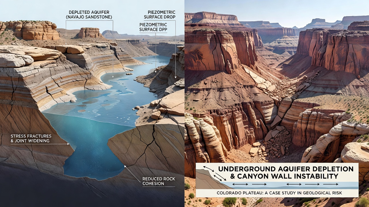 Detailed view of layered sandstone canyon walls with evidence of seepage lines and structural weakening